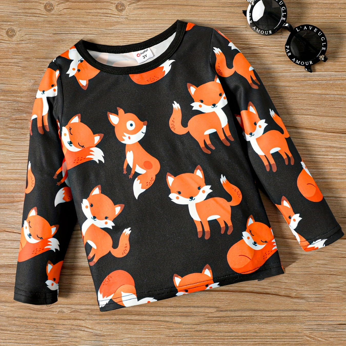 

Patpat Toddler Boy Cute Fox Print Round Neck Long-sleeve Tee For Spring & Autumn/fall