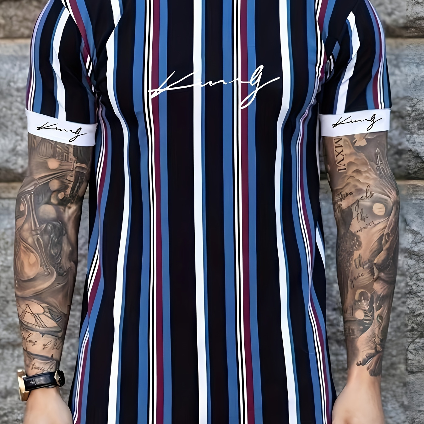 

Men's King Graphic Print Striped T-shirt, Short Sleeve Crew Neck Tee, Men's Clothing For Summer Outdoor