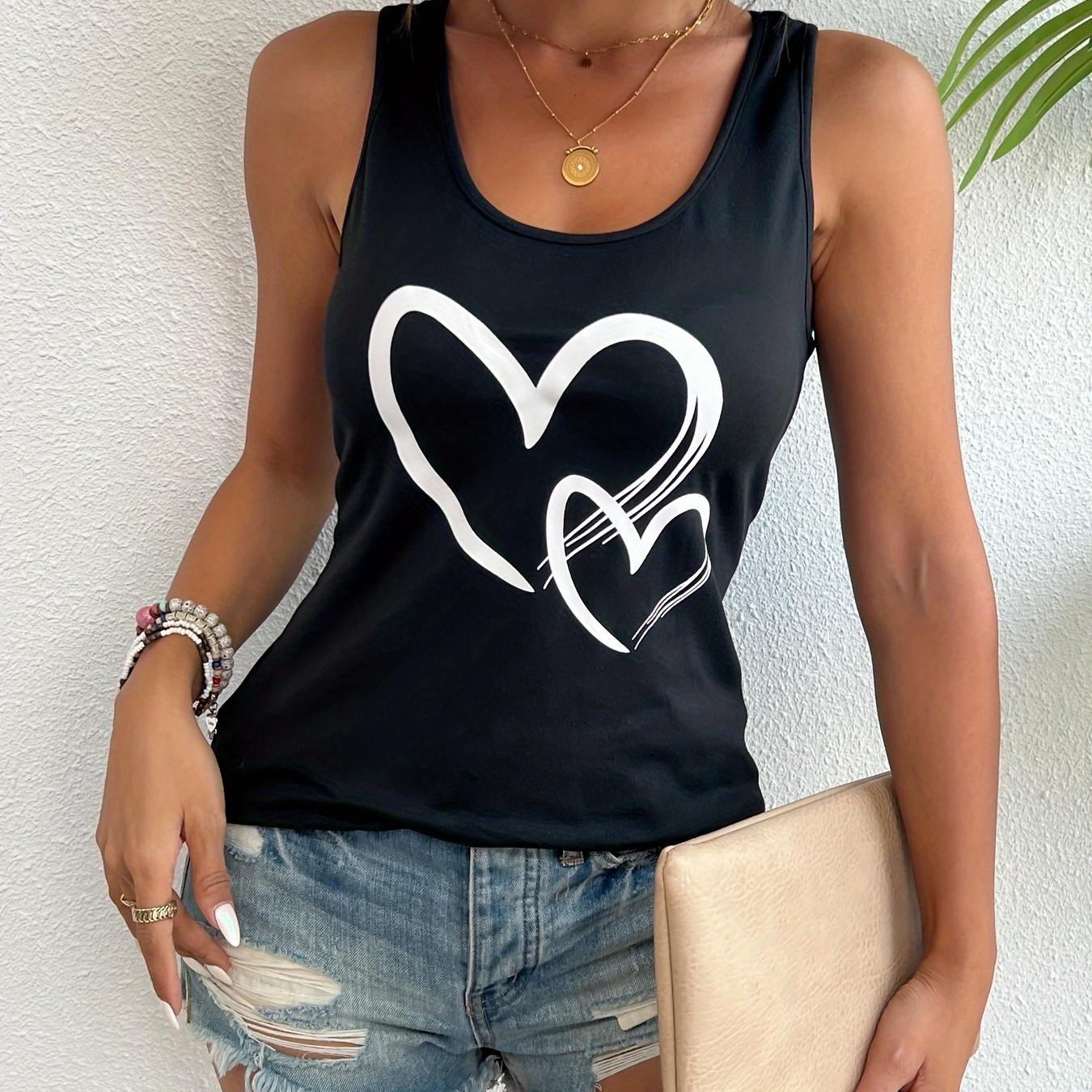 

Heart Print Crew Neck Tank Top, Casual Sleeveless Tank Top For Spring & Summer, Women's Clothing