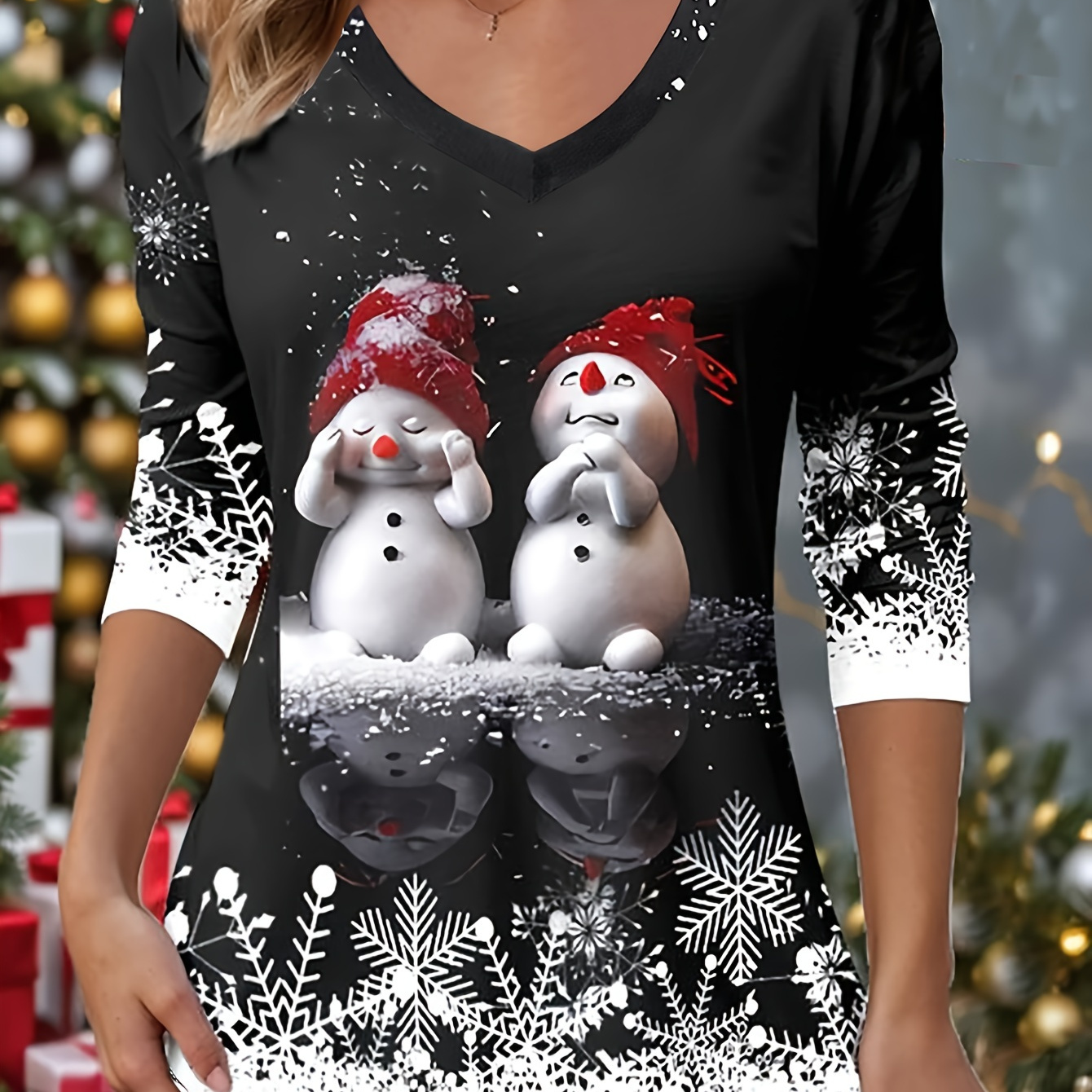 

Cute Christmas Snowman Print V Neck T-shirt, Casual Long Sleeve Top For Fall & Winter, Women's Clothing