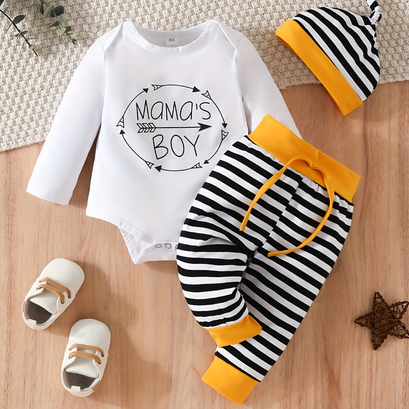 

Baby Mama's Boy Letter Arrow Print Long Sleeve Triangle Bodysuit & Striped Trousers & Hat Set