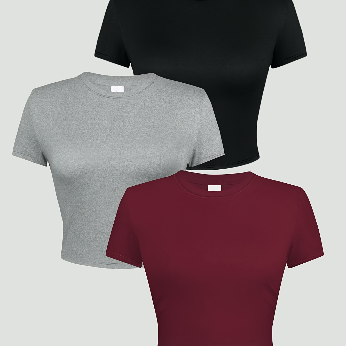 

3-pack T-shirt Col Rond Uni, Haut Court Décontracté À Manches Courtes Pour Le Printemps Et L'été, Vêtements Pour Femmes