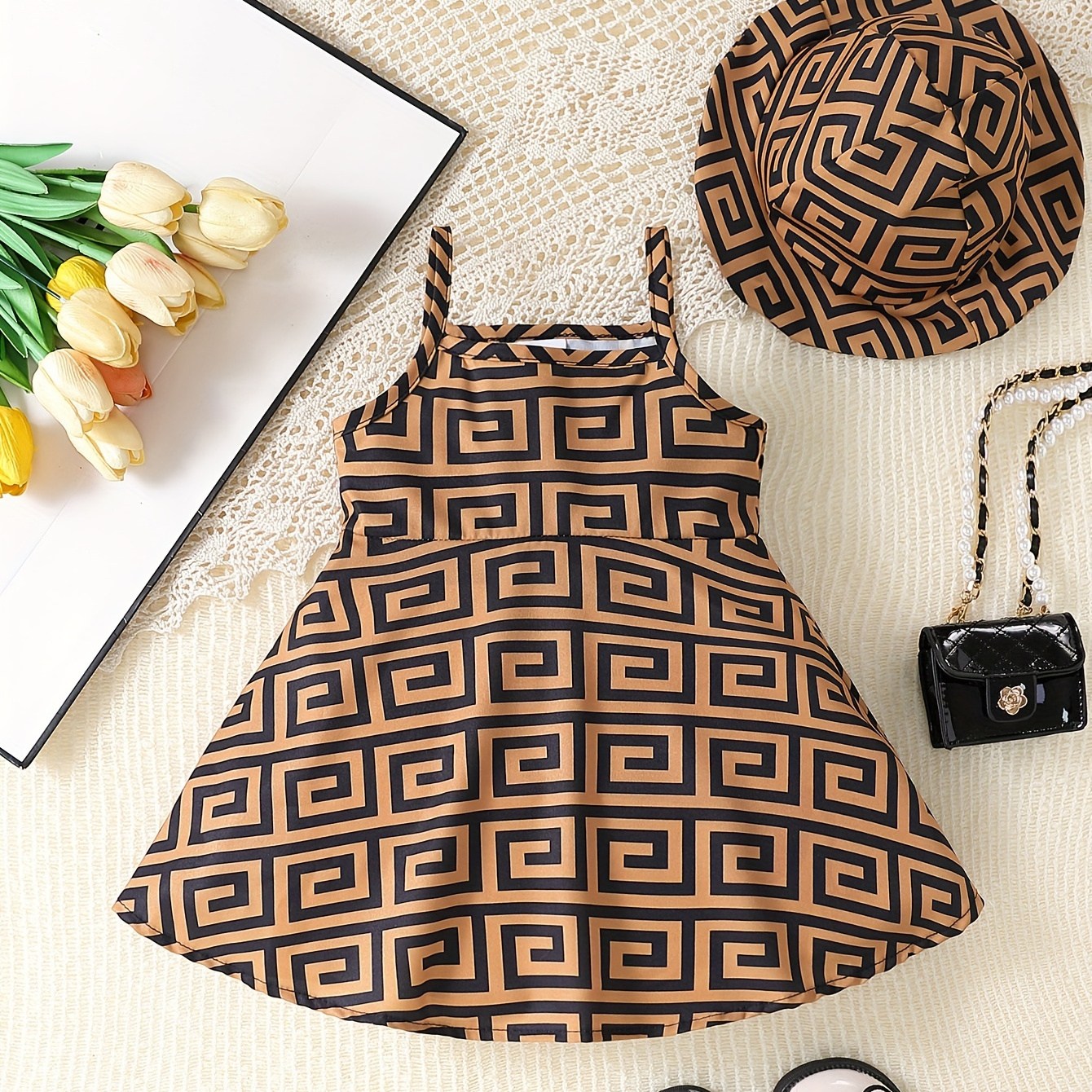 

Baby's Stylish Geometric Pattern Sleeveless Dress & Hat, Infant & Toddler Girl's Clothing For Summer/spring, As Gift