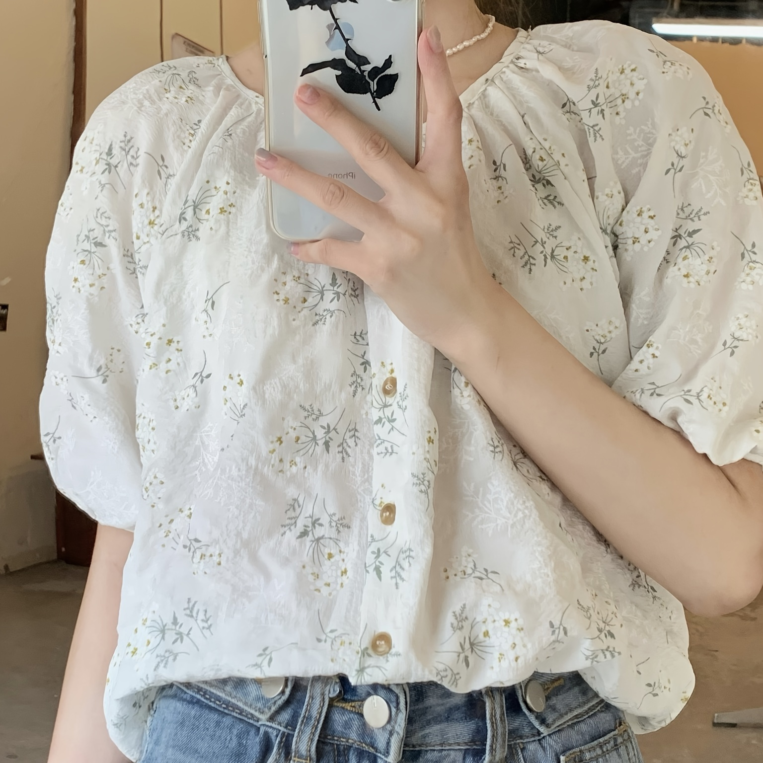 

Blouse Avant Boutonnée À Imprimé Floral, Chemisier À Manches Lanterne Vintage Pour Le Printemps Et L’été, Vêtements Pour Femmes