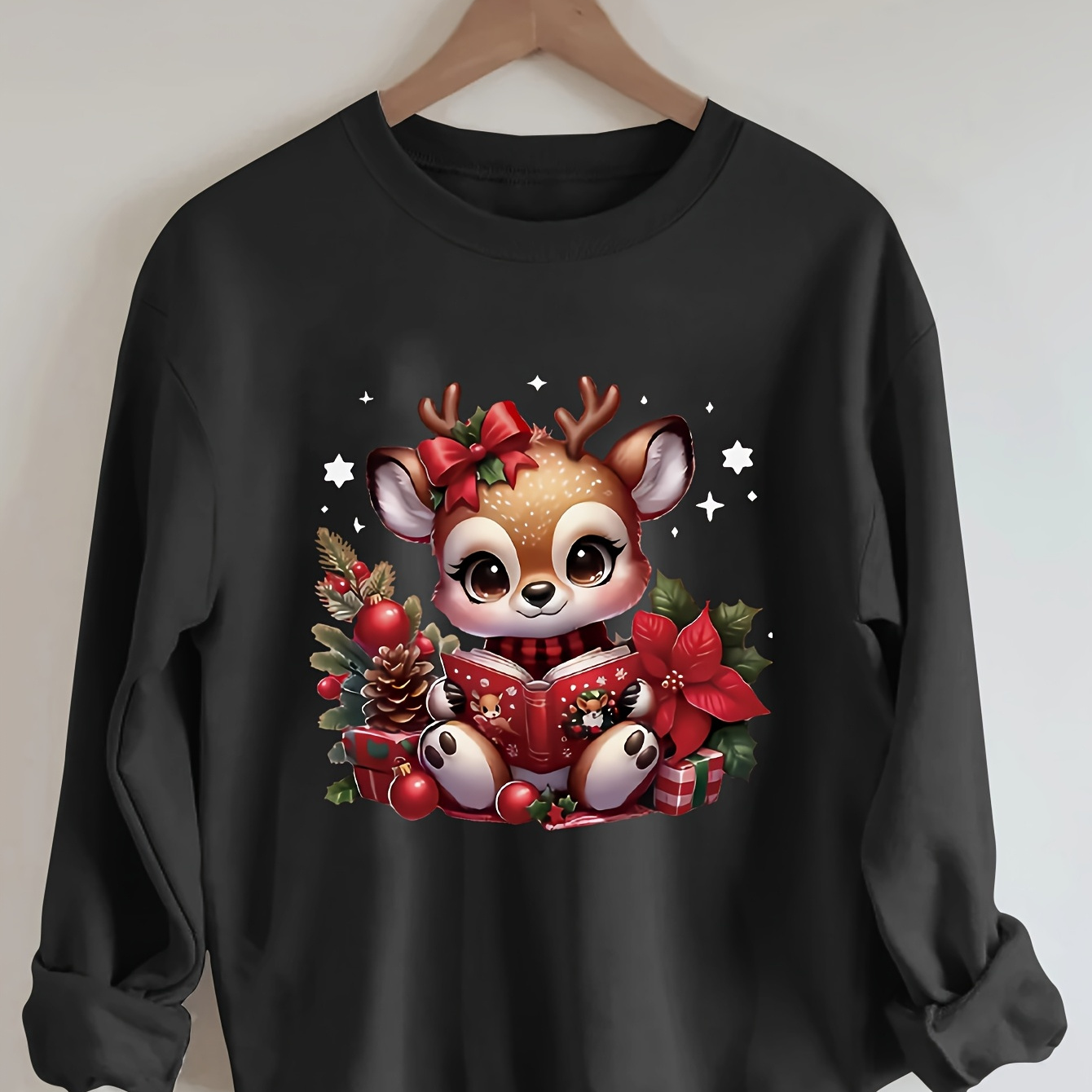 

Plus Size Christmas Reindeer Print Sweatshirt, Casual Crew Neck Pullover, Polyester Knit Fabric With Stretch, Graphic Sweater For Women, Fall/winter Collection