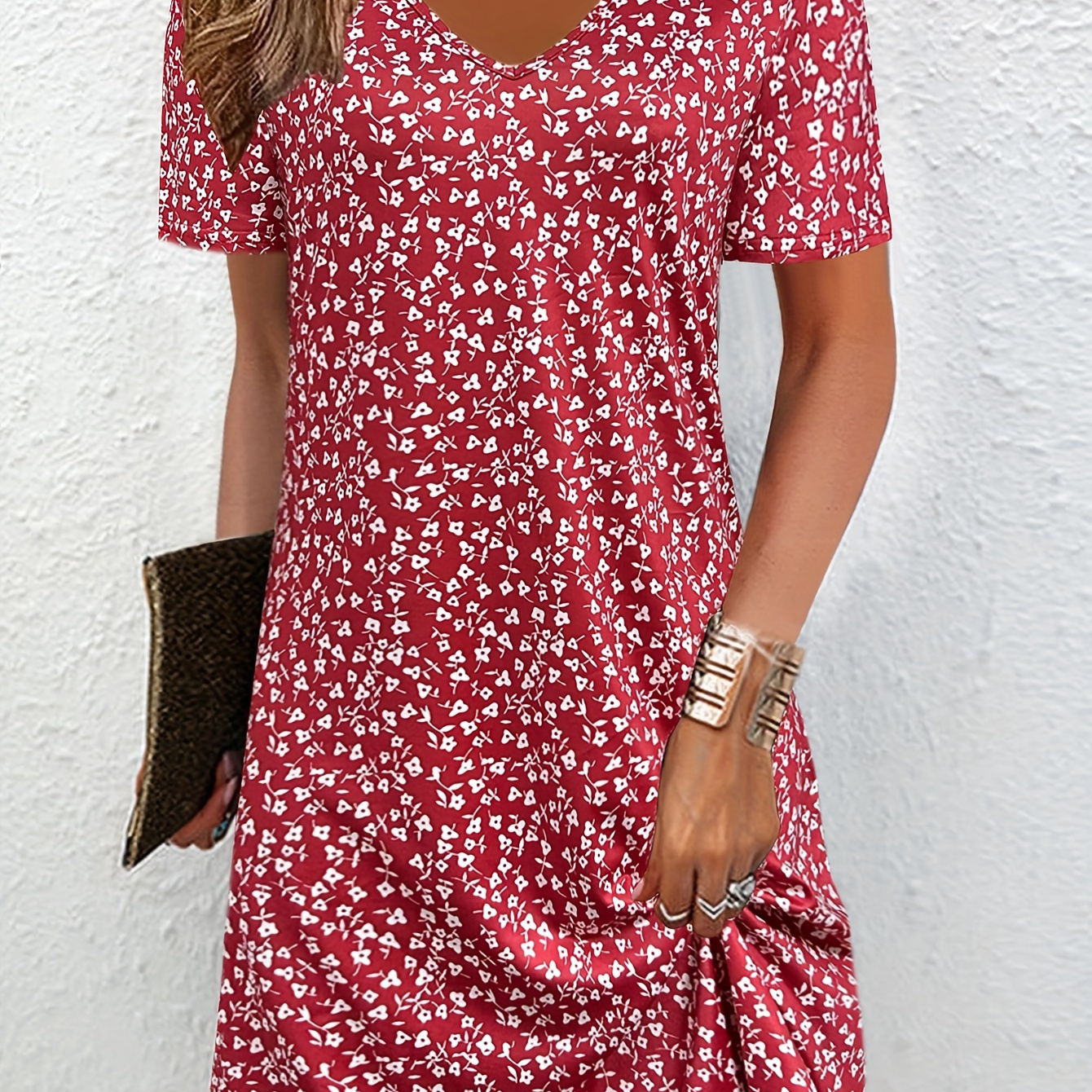 

Floral Print V-neck Dress, Vacation Style Short Sleeve A-line Dress For Spring & Summer, Women's Clothing