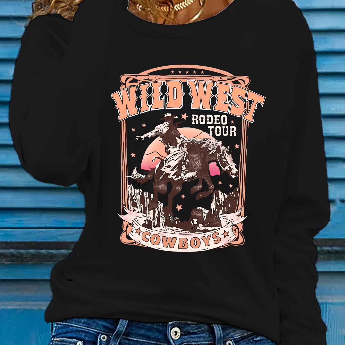 

Women's Casual Sports T-shirt, Round Neck Long Sleeve, Western Cowboy Print, Women's Clothing, Pattern, Autumn, Style, Autumn