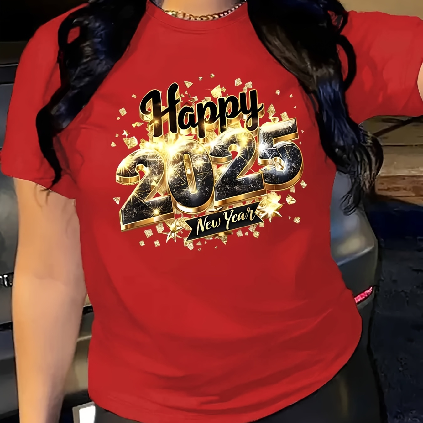 

1pc Women' New Year 2025 Fireworks Print T-shirt - Casual Crew Neck, Polyester Knit, Regular Length, , Festive Graphic Tee