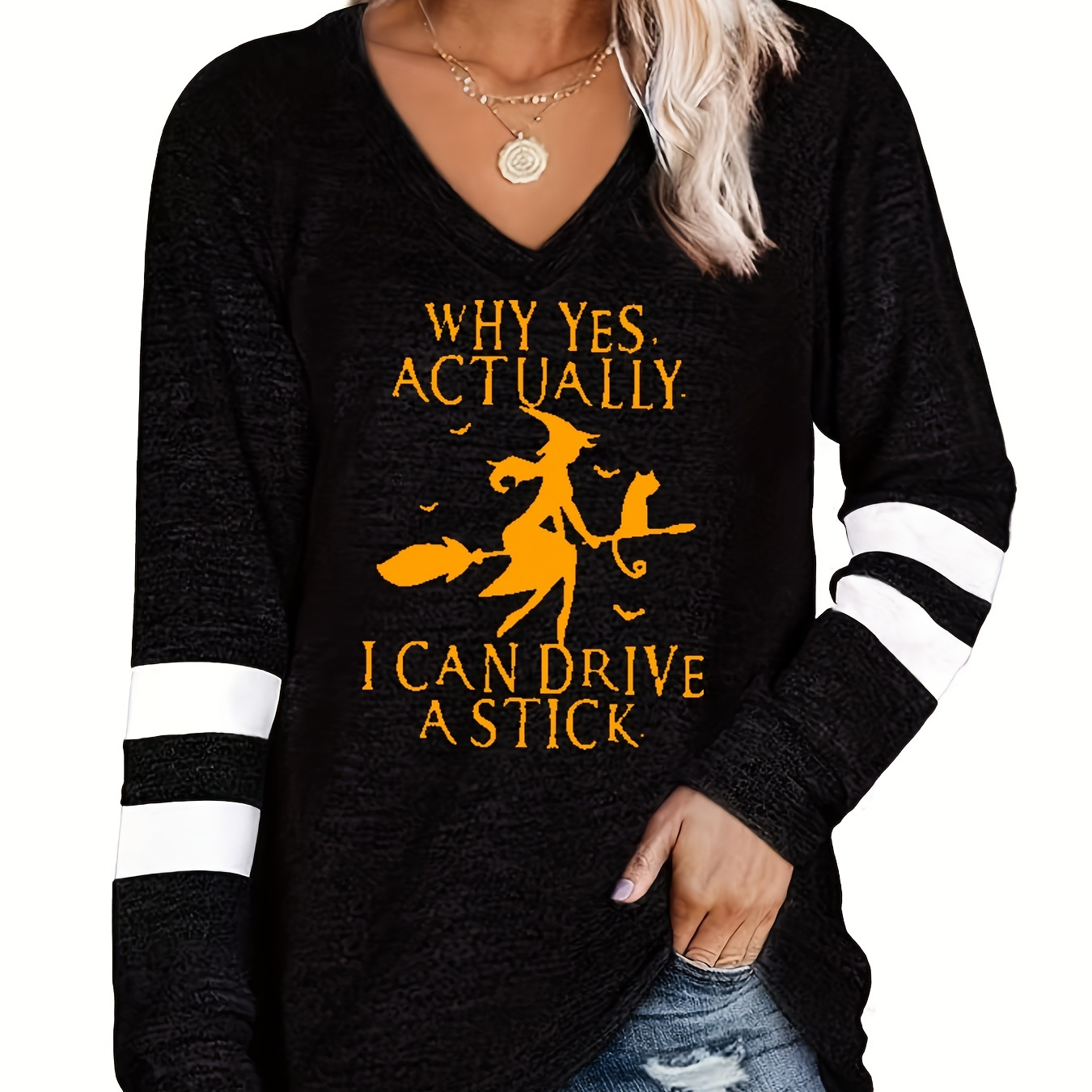 

Plus Size Halloween Casual T-shirt, Women's Plus Witch & Slogan Print Long Sleeve V Neck Medium Stretch T-shirt