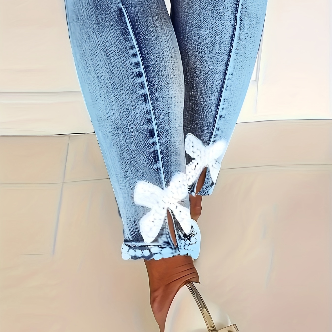 

Women's Fashion Rhinestone Bow Embellished High Stretch Denim Jeans, Street Style Skinny Fit, Ankle Length