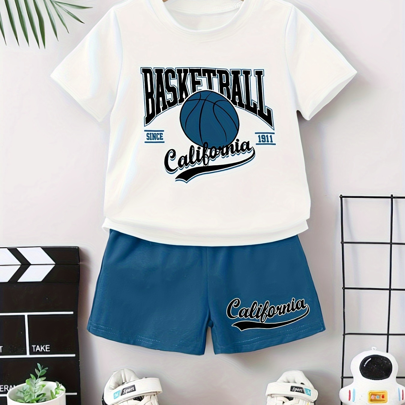 

2pcs Baby's "basketball California" Print Summer Set, T-shirt & Shorts, Baby Boy's Clothing, As Gift