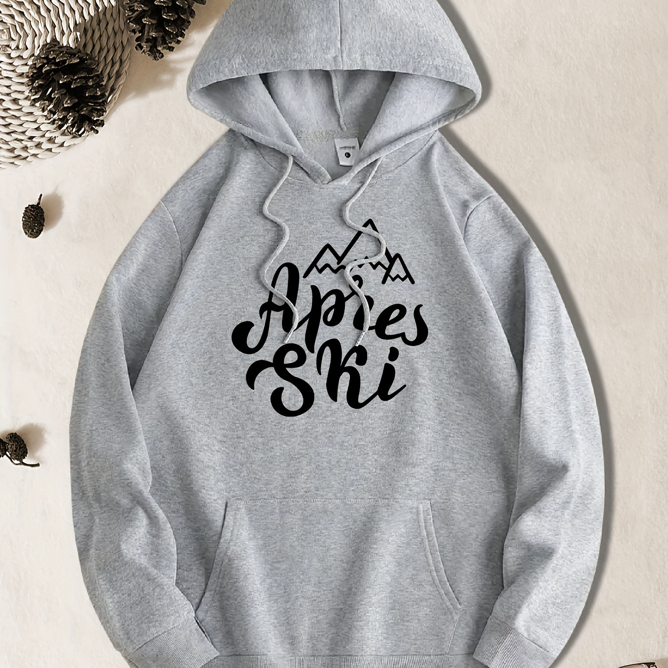 

1pc Sweat à Capuche Décontracté en Polyester avec Imprimé Géométrique SKI, Sweatshirt en Tissu Tricoté avec Poches, Coupe Régulière, Pull à Capuche