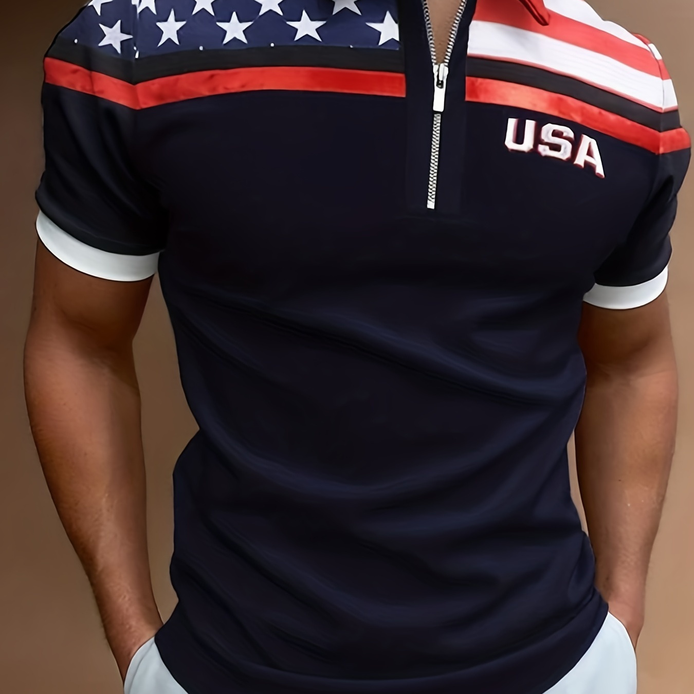 

American Flag Elements Pattern Print Men's Casual Short Sleeves Zip Up Graphic Shirts, Lapel Collar Tops Pullovers, Men's Clothing For Summer