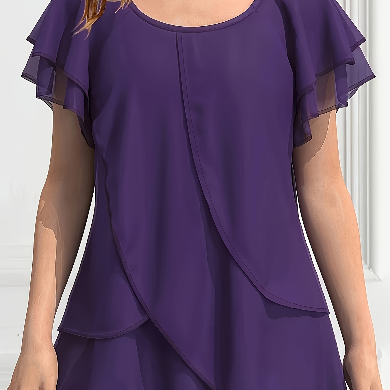 TEMU Plus Size, Plus Size Women' Color Chiffon Ruffle Sleeve Layered Asymmetrical Hem Blouse