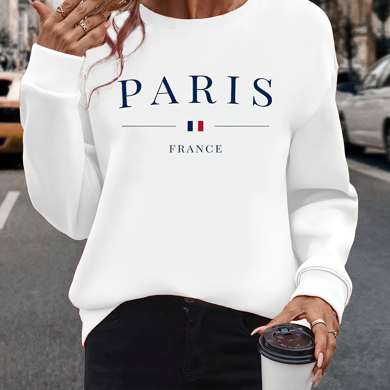 

Paris Print Pullover Sweatshirt, Casual Long Sleeve Crew Neck Sweatshirt For Fall & Winter, Women's Clothing