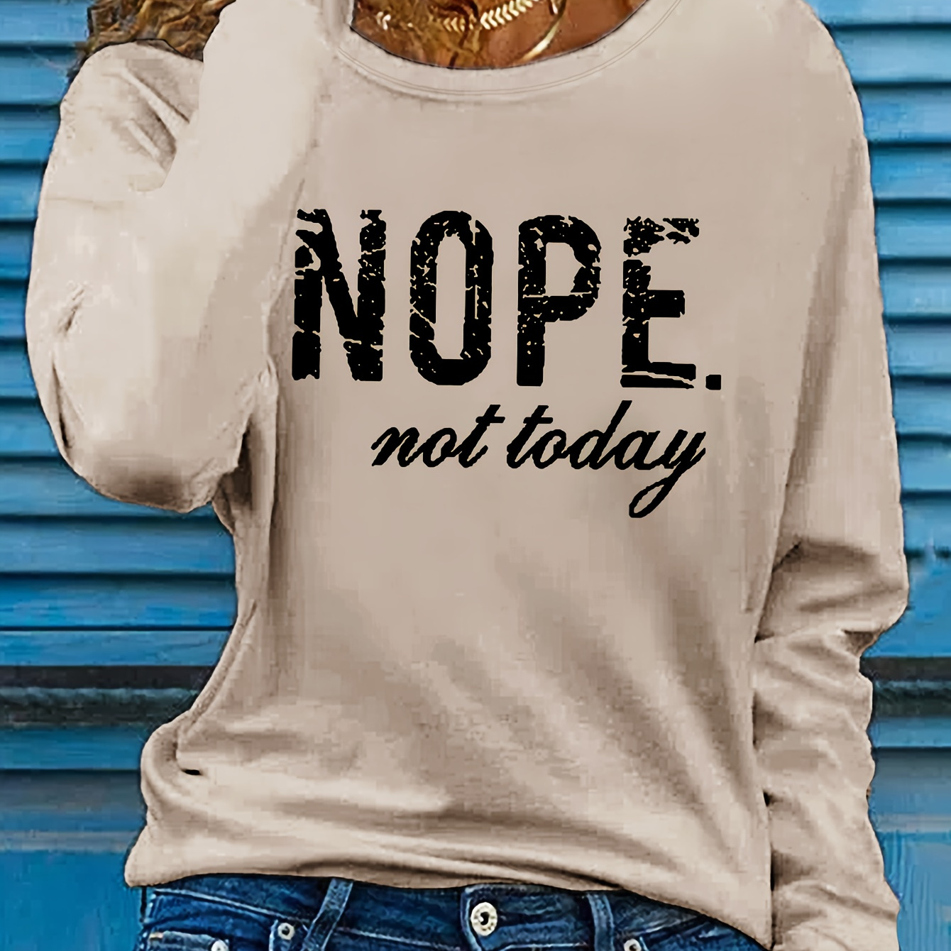 

Women's Casual Round Neck Long Sleeve T-shirt, Polyester , "nope. " Letter Print, Regular Fit, Pullover, No Pads, Knit Fabric, Autumn Fashion Top