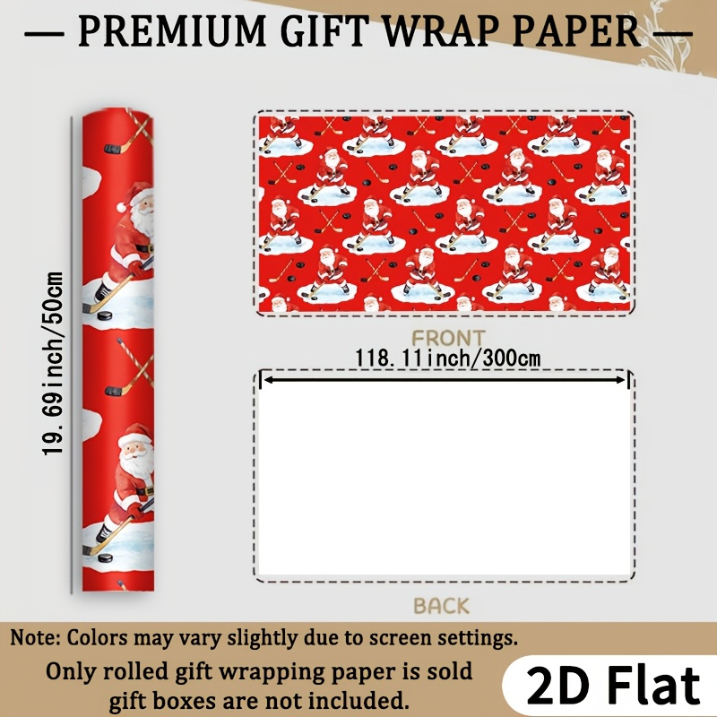 TEMU 1 Roll 2d Flat Santa Claus Ice Rink Hockey Wrapping Paper Gift Glossy Paper - Red Background With Santa Claus Skating And Hockey, Black Puck And