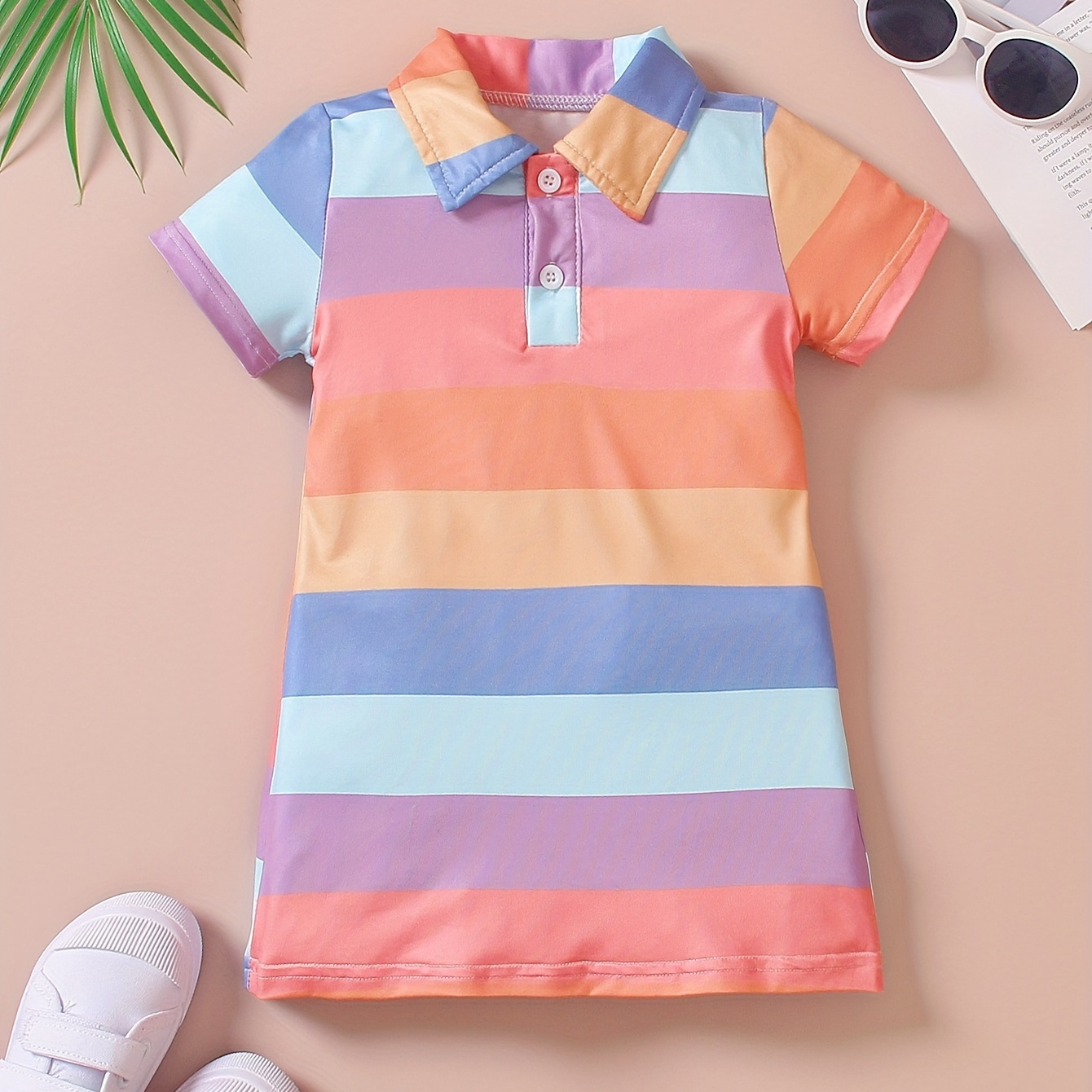 

Baby's Colorful Stripe Pattern Turndown Collar Dress, Casual Short Sleeve Dress, Infant & Toddler Girl's Clothing For Summer/spring, As Gift