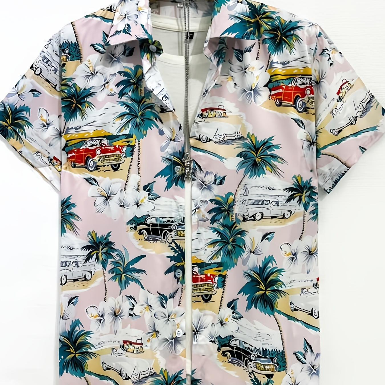 

Coconut Tree & Vintage Car Print Men's Casual Short Sleeve Shirt, Men's Shirt For Summer Vacation Resort