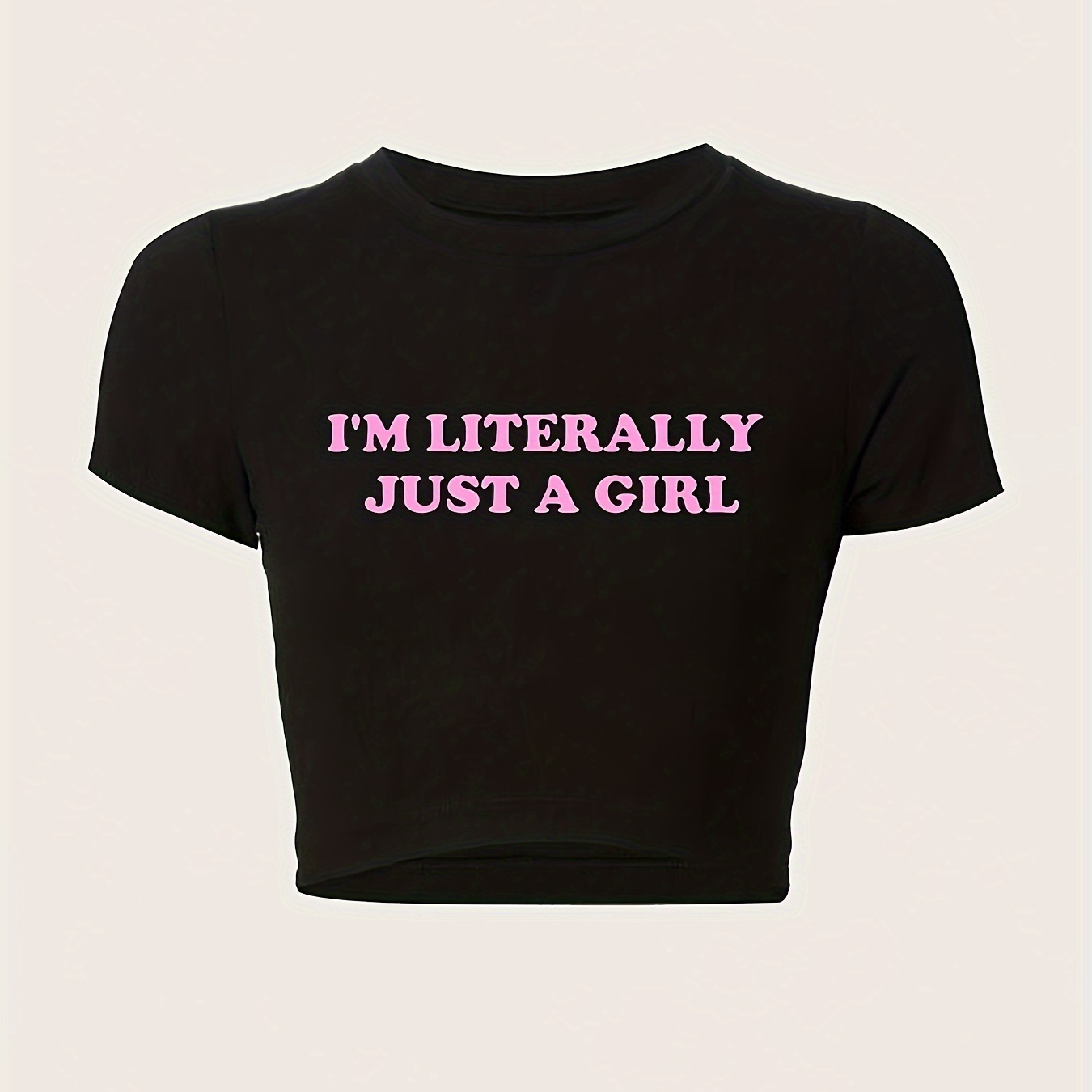 

Just A Girl Letter Print T-shirt, Short Sleeve Crew Neck Crop Top For Summer & Spring, Women's Clothing