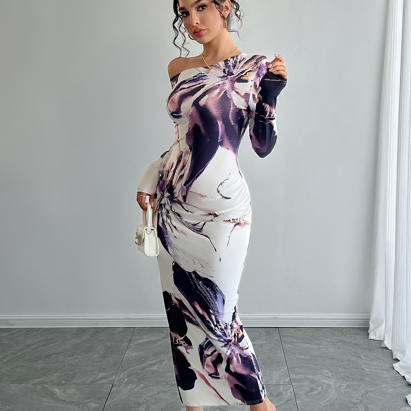 

Women's Elegant Floral Print Asymmetrical Off Shoulder Long Sleeve Bodycon Dress
