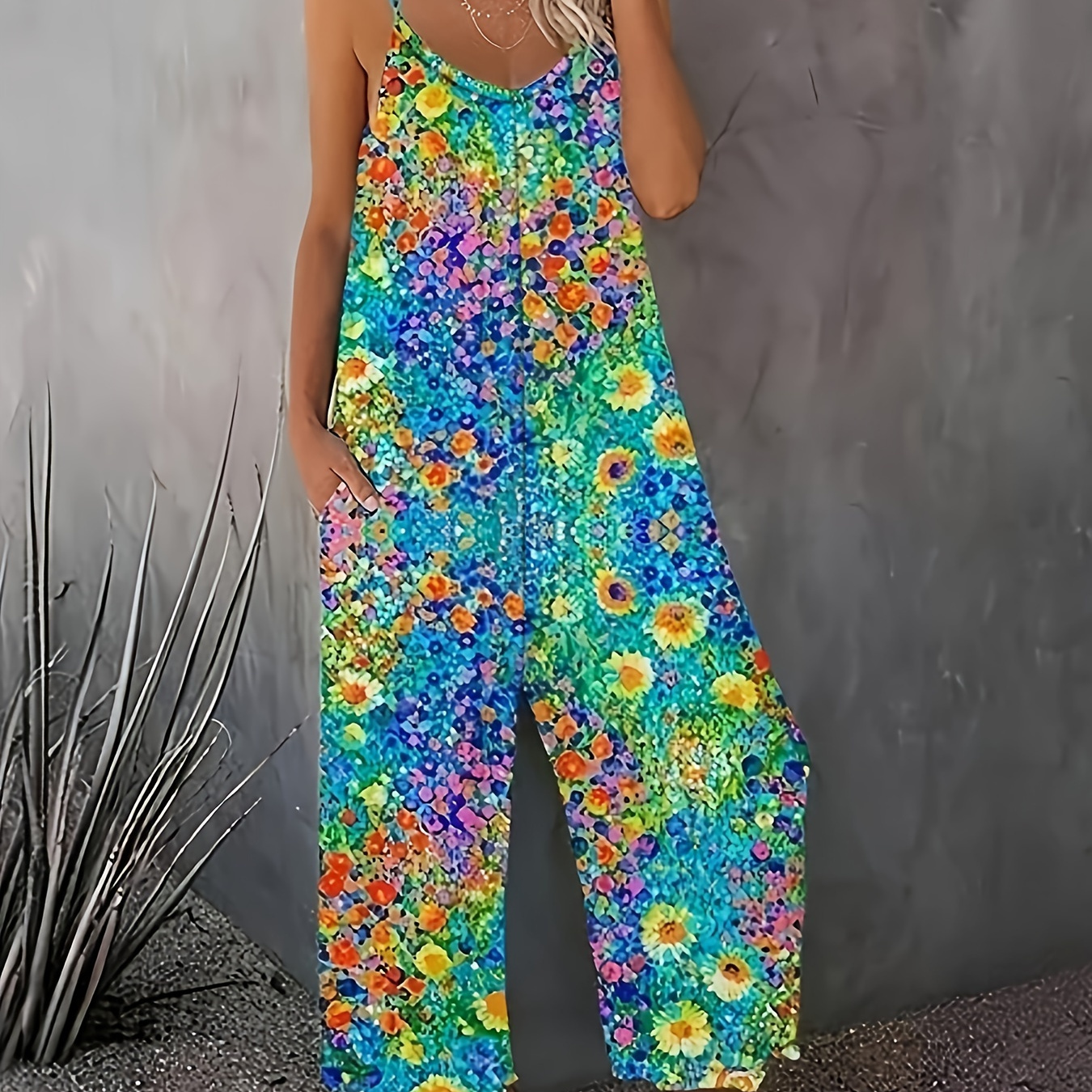 

Floral Print Spaghetti Strap Jumpsuit, Casual Sleeveless Wide Leg Jumpsuit, Women's Clothing