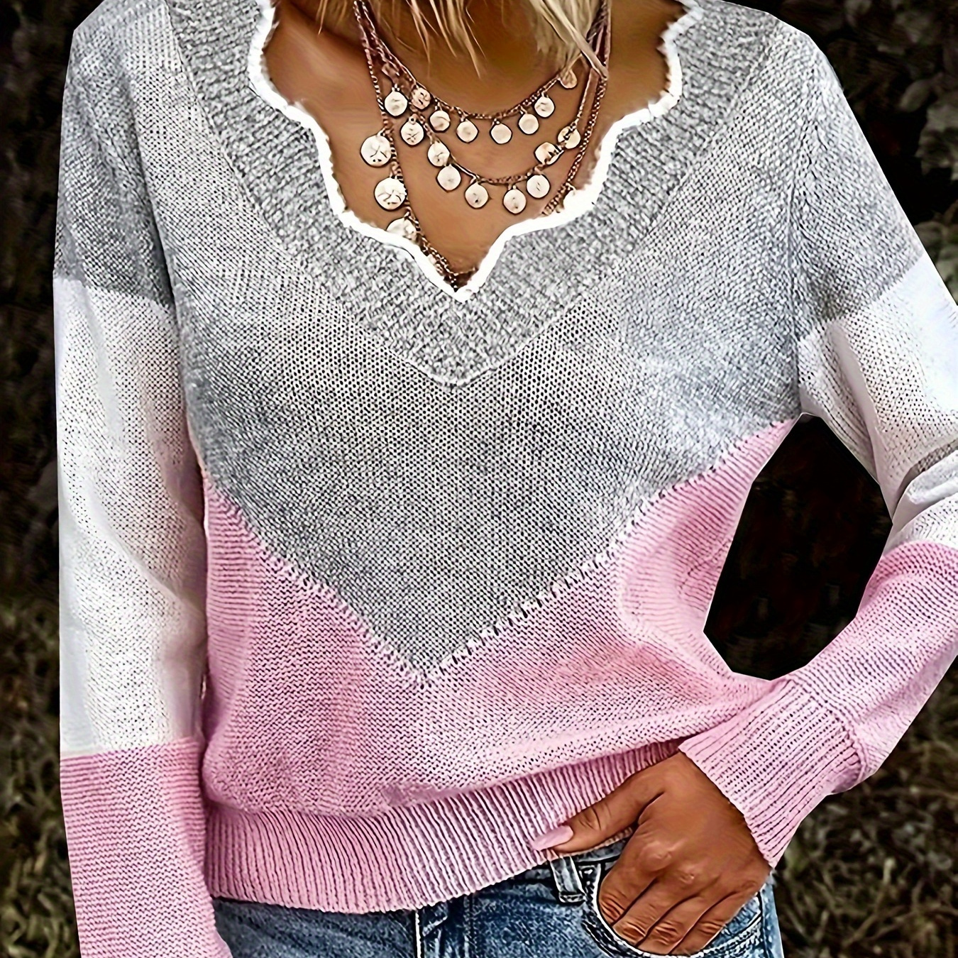 

V Neck Sweater, Casual Long Sleeve Sweater For Fall & Winter, Women's Clothing