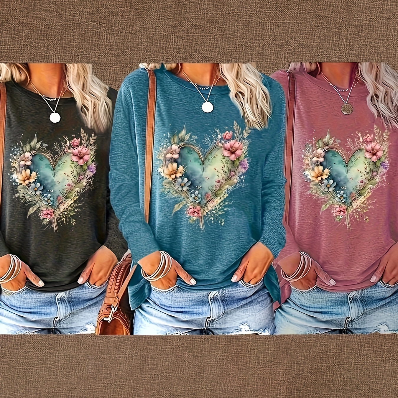 

3pcs Women's Floral Print Heart Print Long Sleeve T-shirts, Casual Crew Neck Tops In Dark Brown, & , Soft Rayon For Spring & Fall, Ladies T Shirts