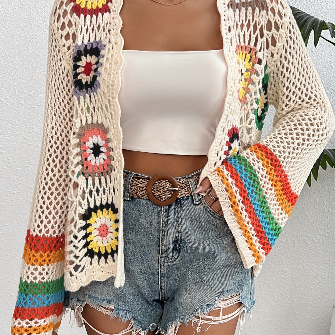 

Crochet Open Front Cardigan, Casual Long Sleeve Hollow Out Cardigan For Spring & Fall, Women's Clothing