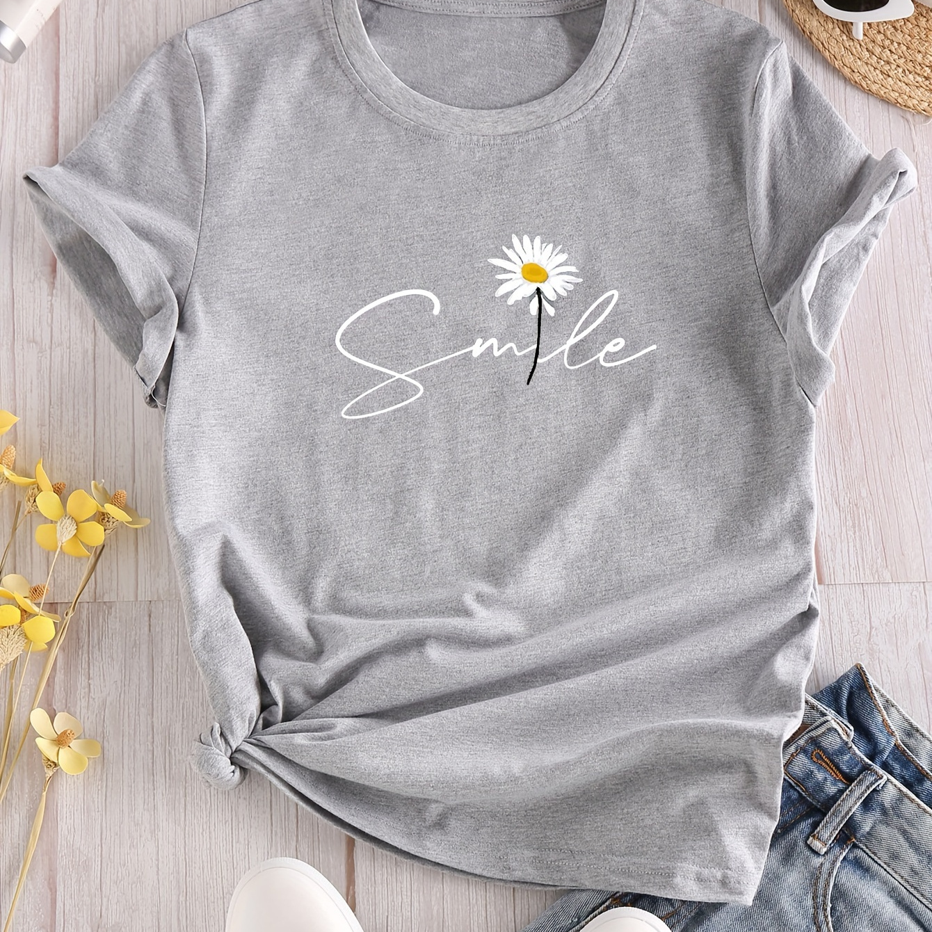 

Flower & Letter Print Crew Neck T-shirt, Casual Short Sleeve T-shirt For Spring & Summer, Women's Clothing