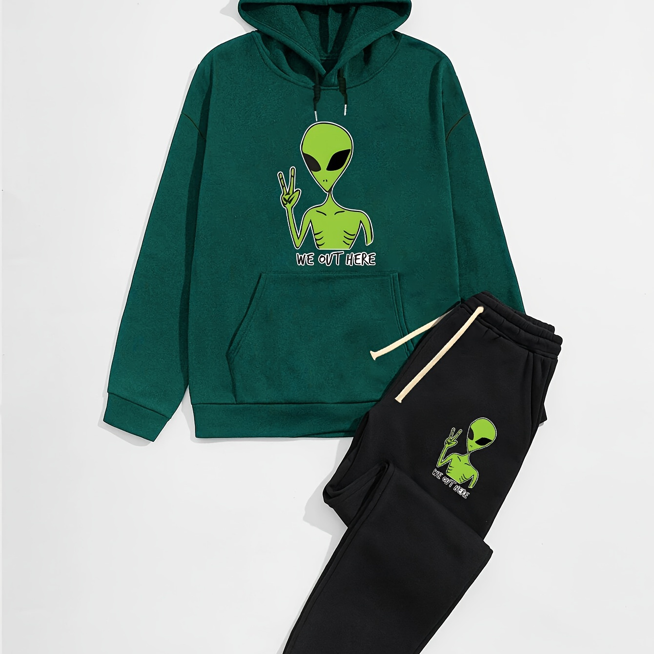 

Funny Alien Print, Men's 2pcs Outfits, Casual Hoodies Long Sleeve Pullover Hooded Sweatshirt And Sweatpants Joggers Set For Spring Fall, Men's Clothing