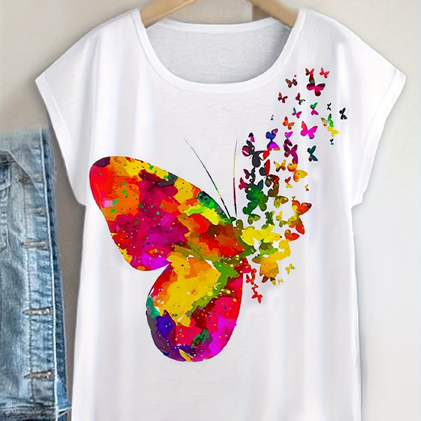 

T-shirt à col rond à imprimé papillon, haut décontracté à manches courtes pour le printemps et l'été, vêtements pour femmes