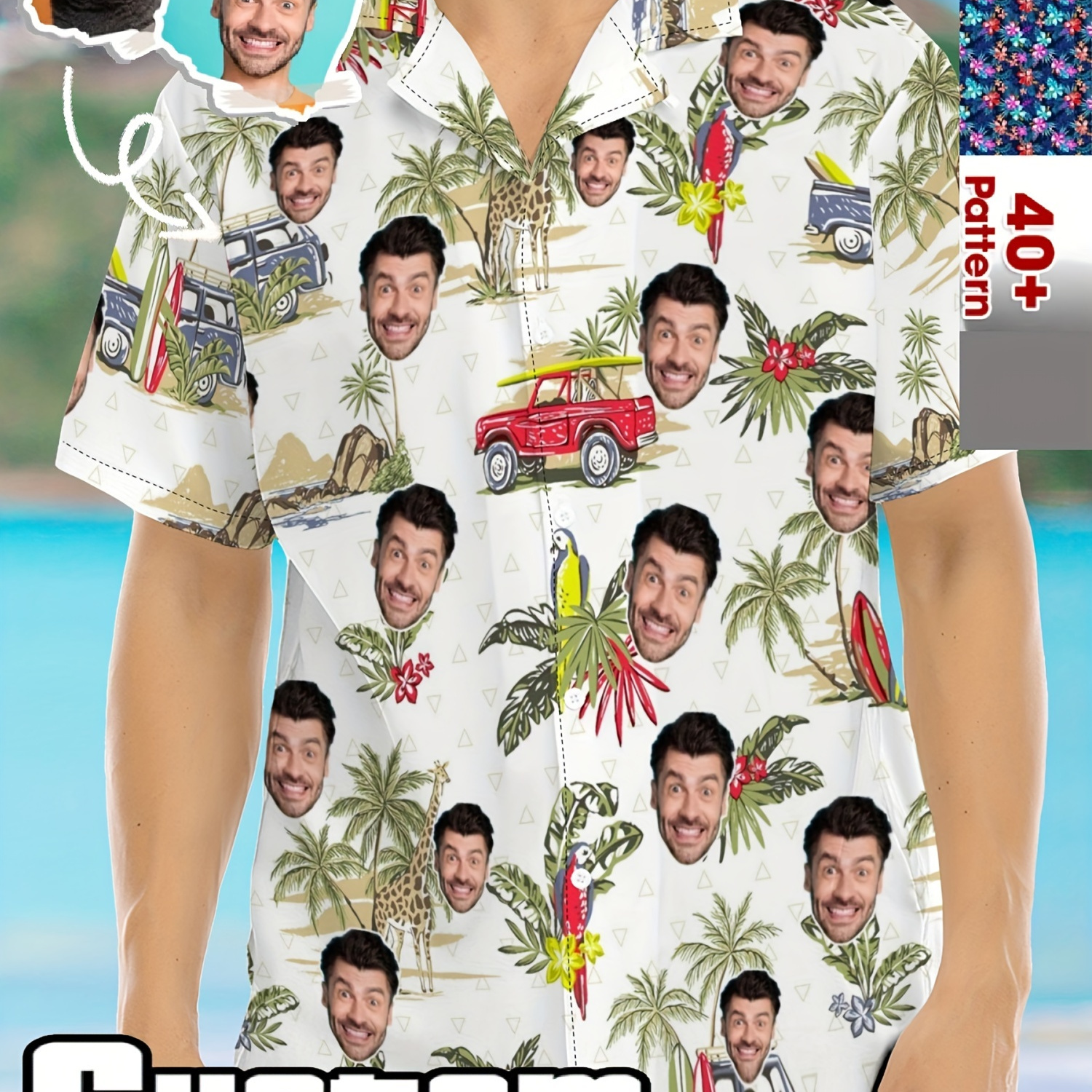 

Personalized Photo Car Print Men's Summer Fashionable And Simple Short Sleeve Button Casual Lapel Hawaiian Style Shirt, Trendy And Versatile, Suitable For Dates, Beach Holiday, As Gifts