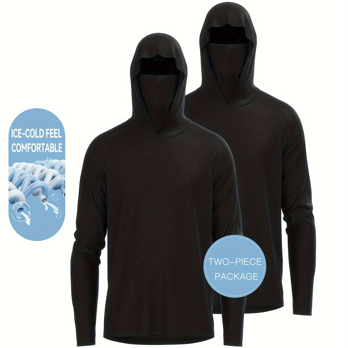 

2 Pcs Men's Solid Sun Protection Breathable Hooded Shirt With Mask, Long Sleeve Rash Guard For Fishing Hiking Outdoor