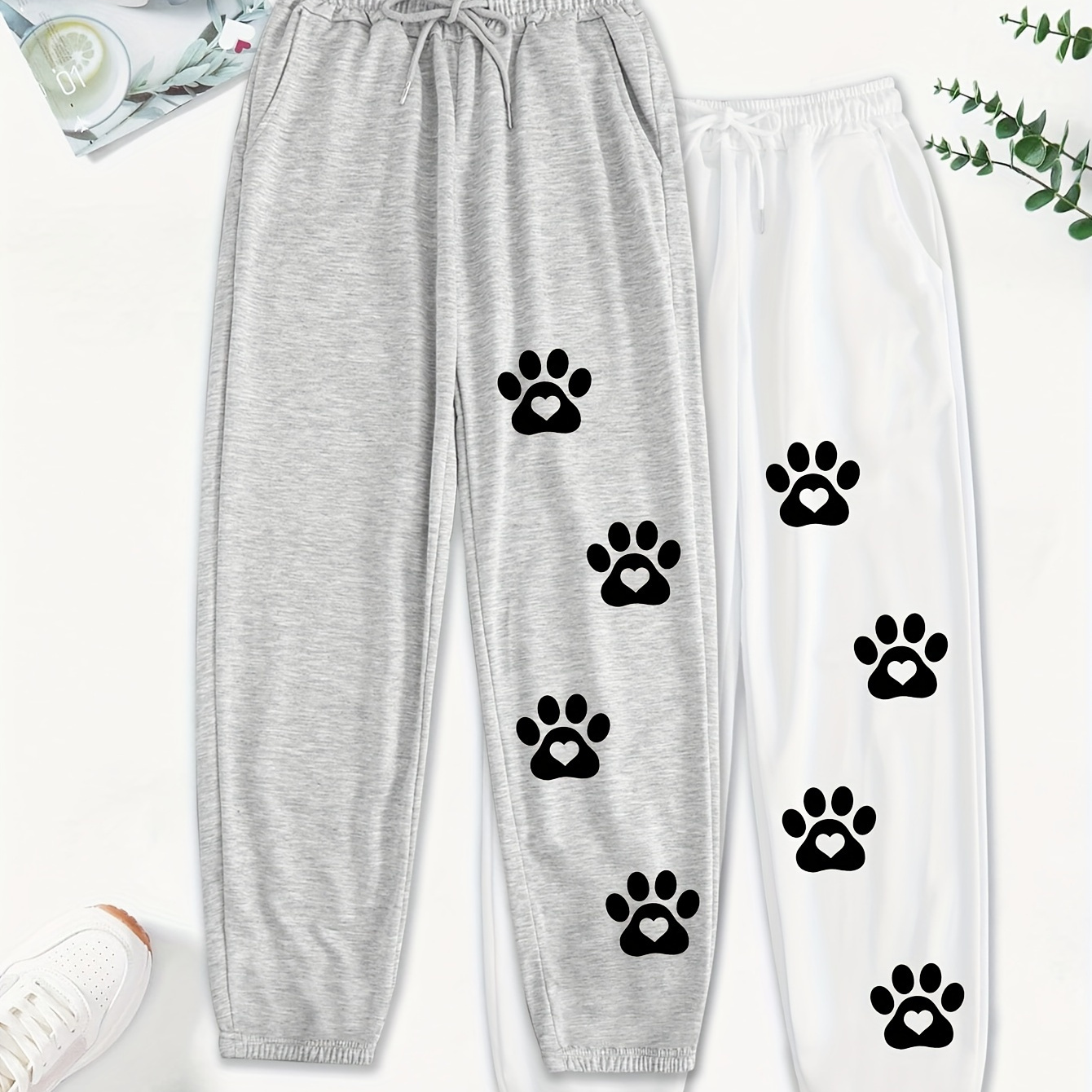 

2-pack Women's Casual Pants, Cartoon Paw Print, Long Length, Waist, No Belt, Knit Fabric, Regular Fit, Loose Style, , Pocket, Sports Pants For Casual