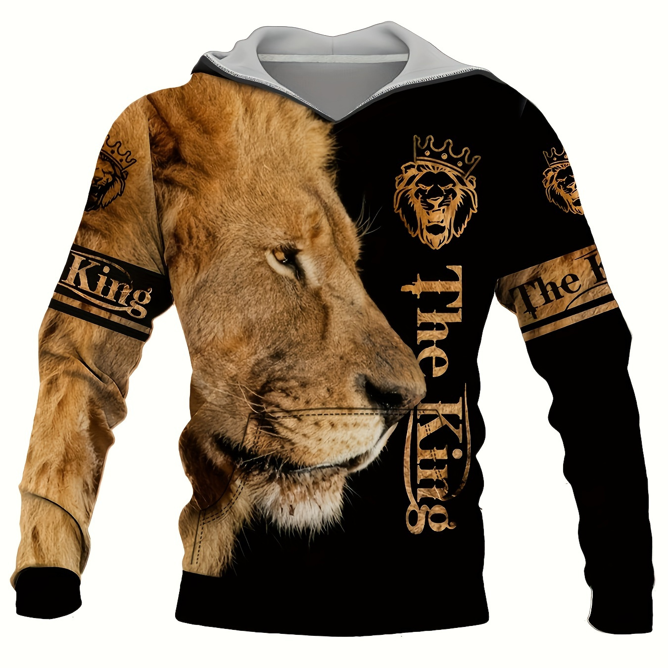 Men's Animal Lion Digital Print Hoodie, Casual Slightly Stretch Drawstring Hooded Sweatshirt, Men's Clothings For Outdoor