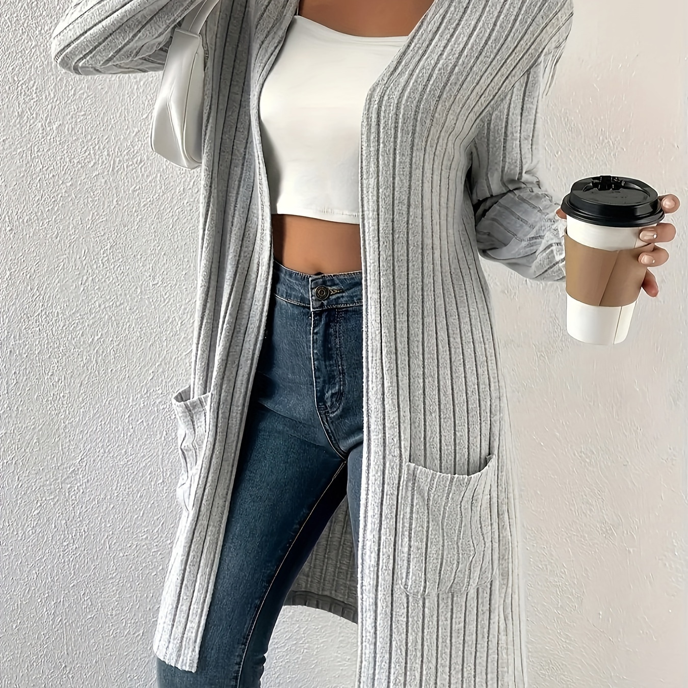 

1pc Cardigan élégant à manches longues pour femmes en avec poches - Pull ouvert en polyester de couleur unie style vacances pour et