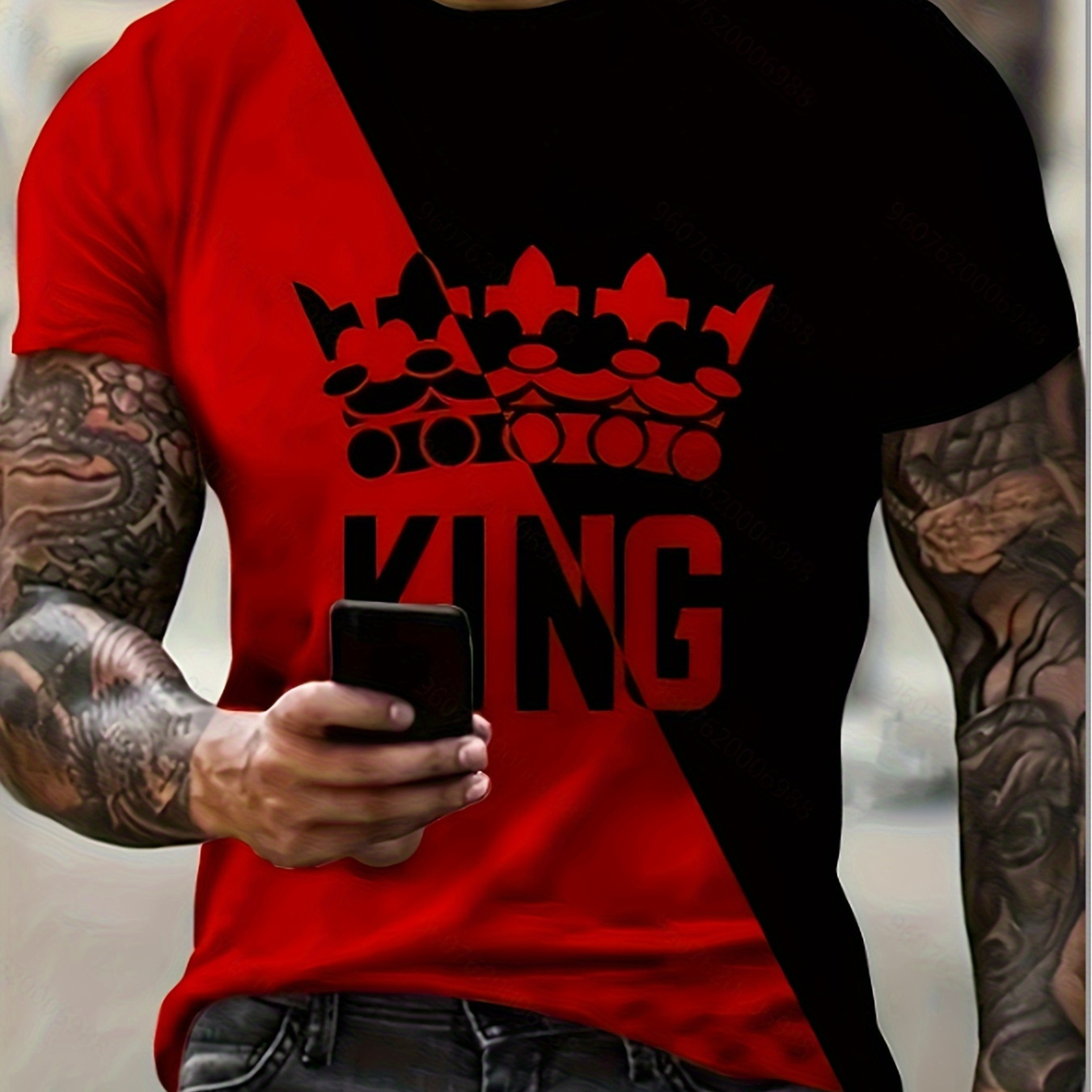 

Men's Stylish King Pattern Shirt, Casual Slightly Stretch Breathable Crew Neck Short Sleeve Tee Top For City Walk Street Hanging Outdoor Activities