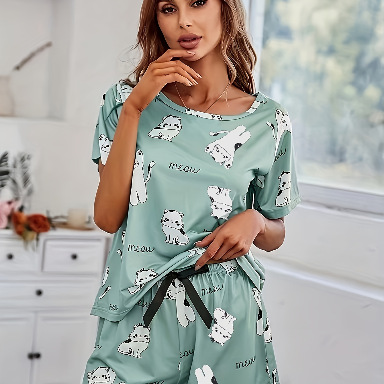 

Women's Cute Print Pajama Set - Short Sleeve Top & Shorts, Machine Washable Loungewear