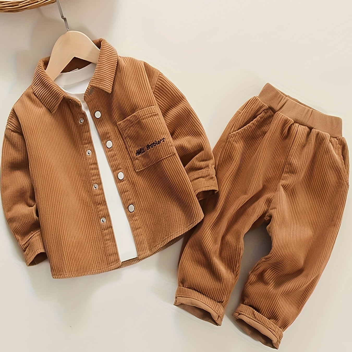 

2pcs Baby Boy's Letter Embroidered Corduroy Outfit, Shirt & Pants Set, Baby's Clothing, As Gift