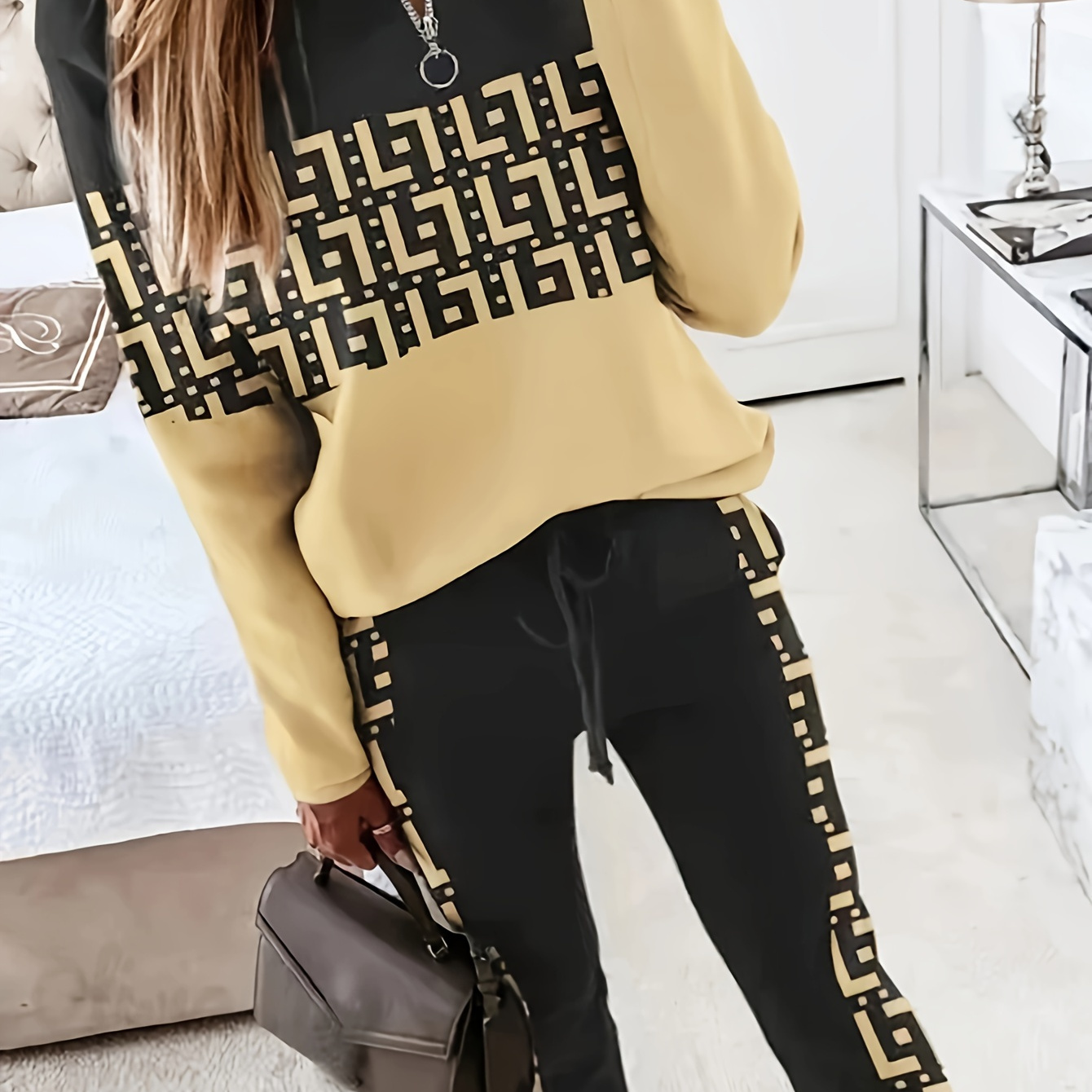 

Casual Greek Print Pants Set, Long Sleeve Quarter Zip Sweatshirt & Drawstring Waist Straight Leg Pants Outfits, Women's Clothing