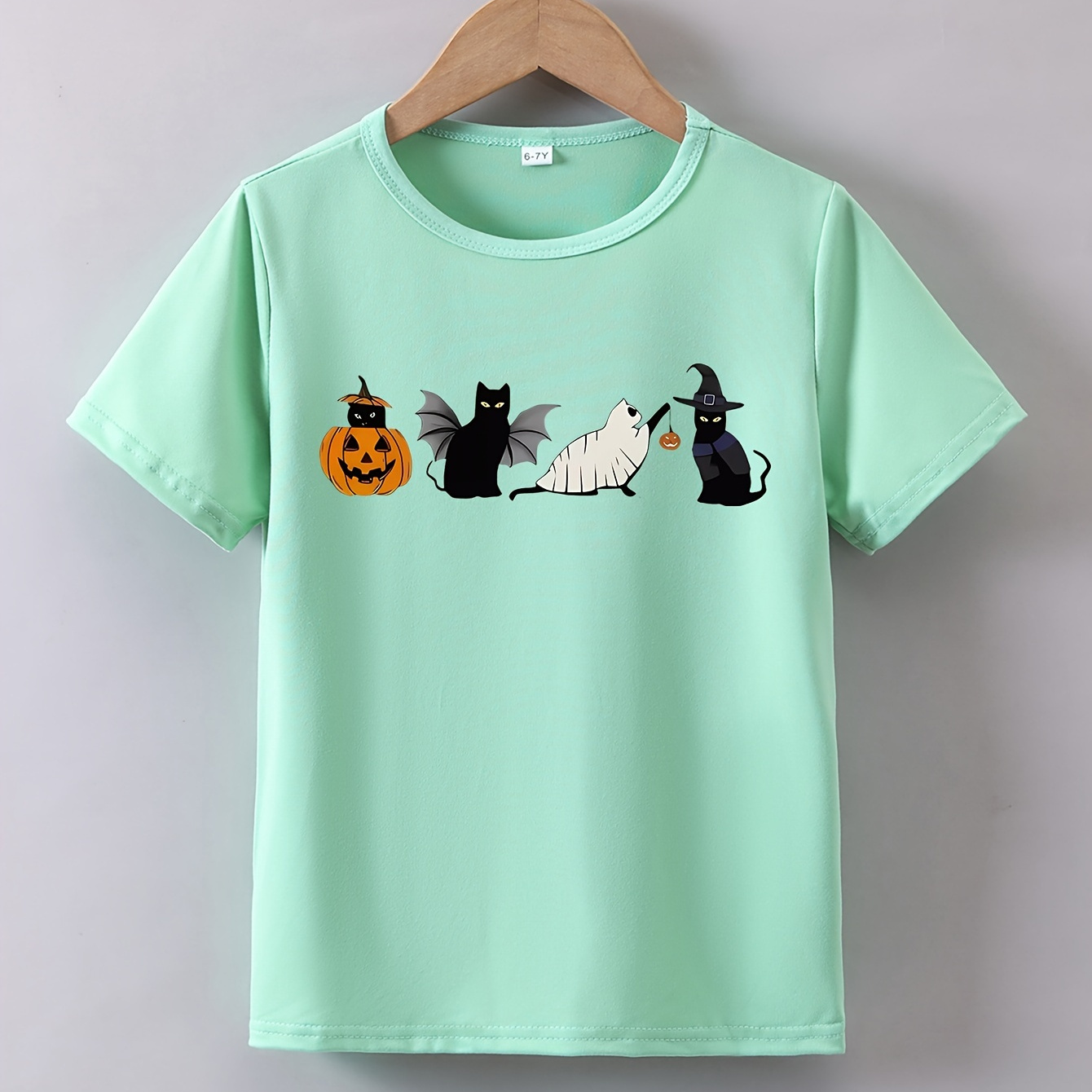 

Girls' Halloween Themed Cartoon Cat Print T-shirt, Short-sleeve Tee, Casual Style