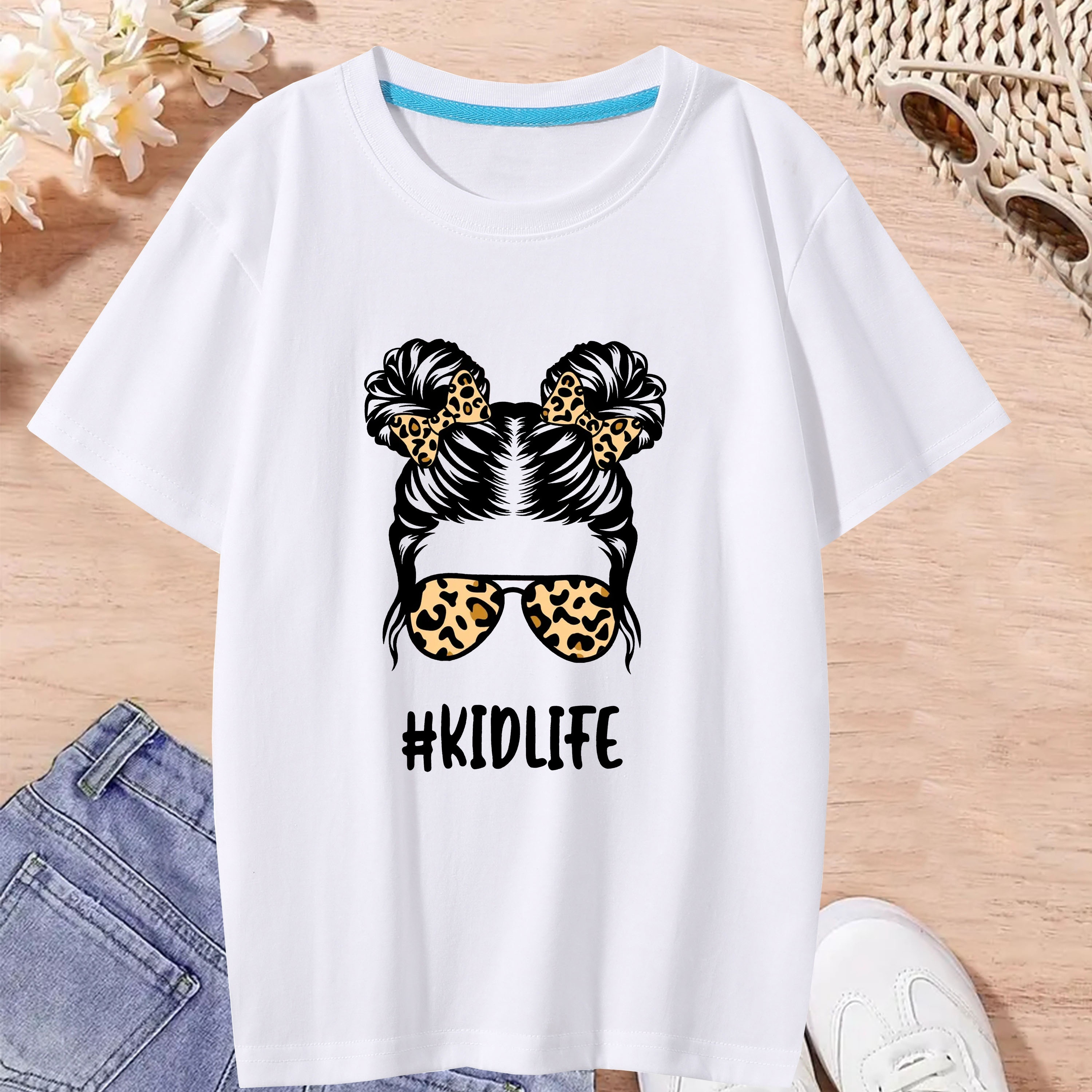 

Kidlife & Cartoon Girl Print Short Sleeve T-shirt Cozy Crew Neck Tees Summer Clothes Party Gift For Girls