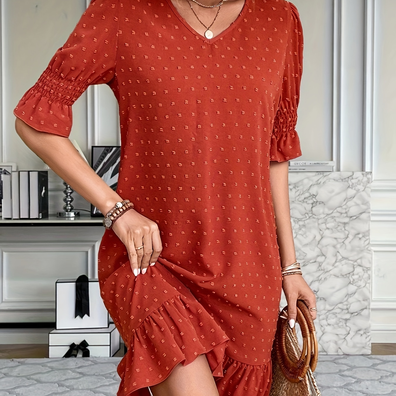 

Elegant -neck Midi Dress For Women With Swiss Dot Detail - Cuff & Hem, Polyester, Machine Washable - Chic Spring/summer Style