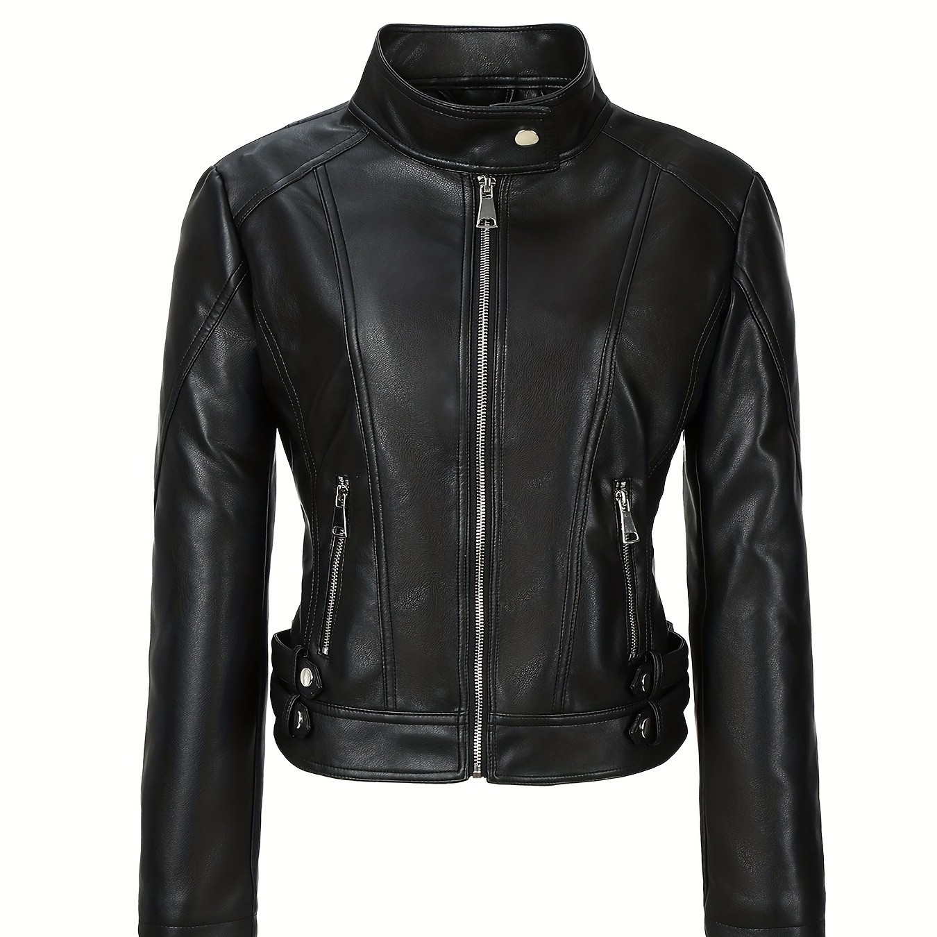 

Veste de motard en simili cuir pour femmes, grande taille, col décontracté, manches longues, fermeture à glissière, tissu tissé non extensible de couleur unie, ourlet évasé, coupe ajustée pour /hiver