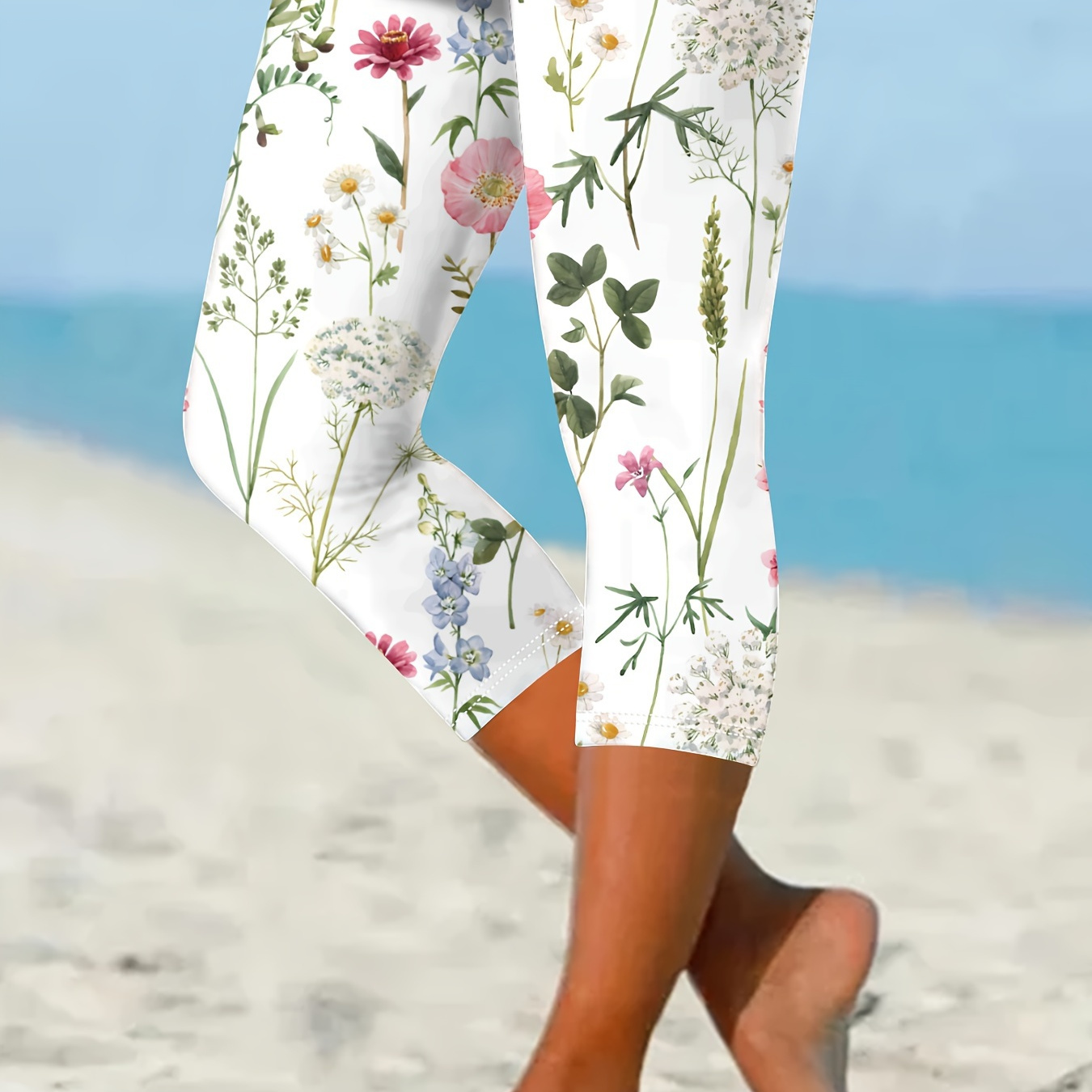 

Floral Print Skinny Capris Leggings, Casual Elastic Waist Stretchy Leggings, Women's Clothing