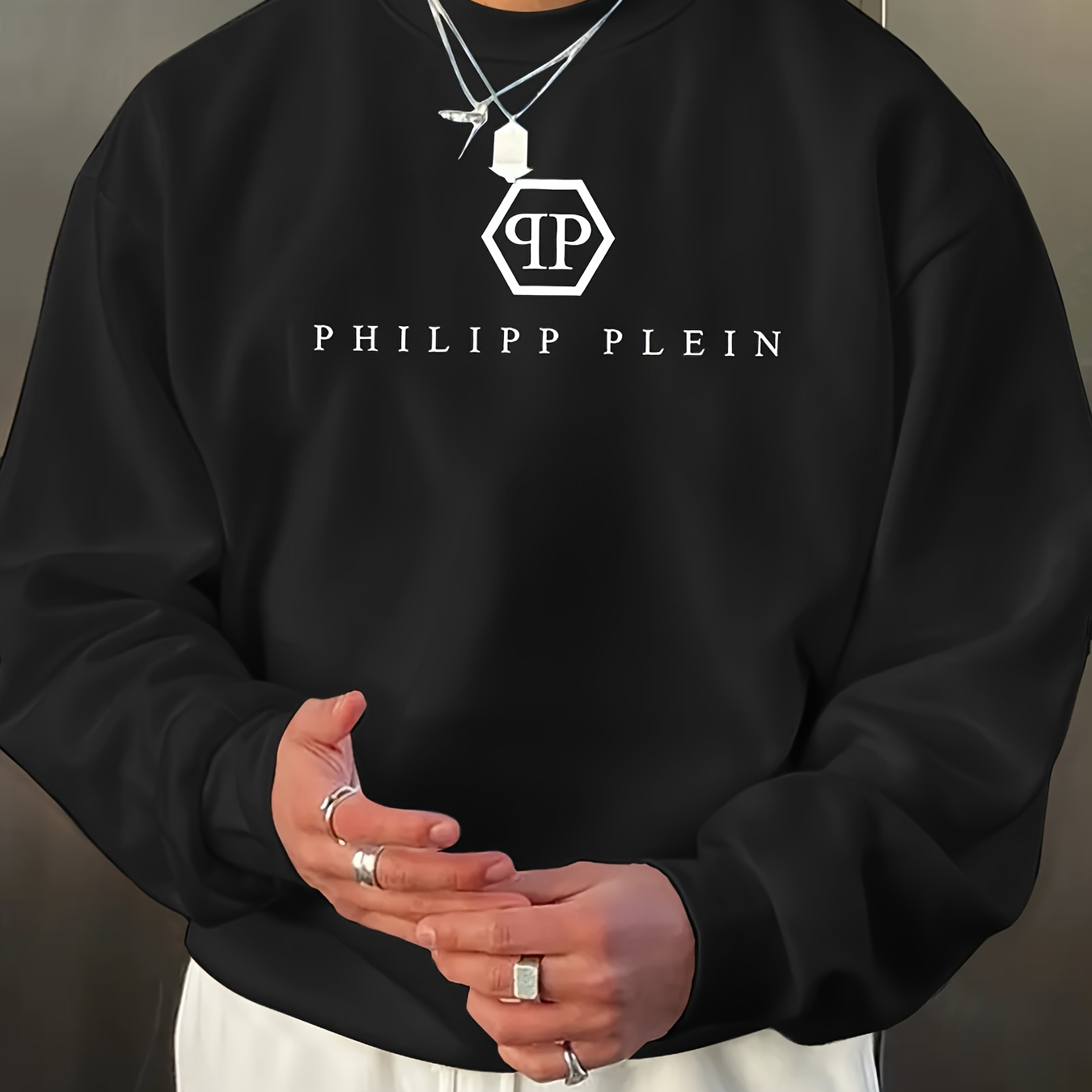 

Men's Comfortable Neck Sweatshirt - Casual Long Sleeve Pullover With Geometric "philipp Plein" Print, Machine Washable, Ideal For Spring And Fall