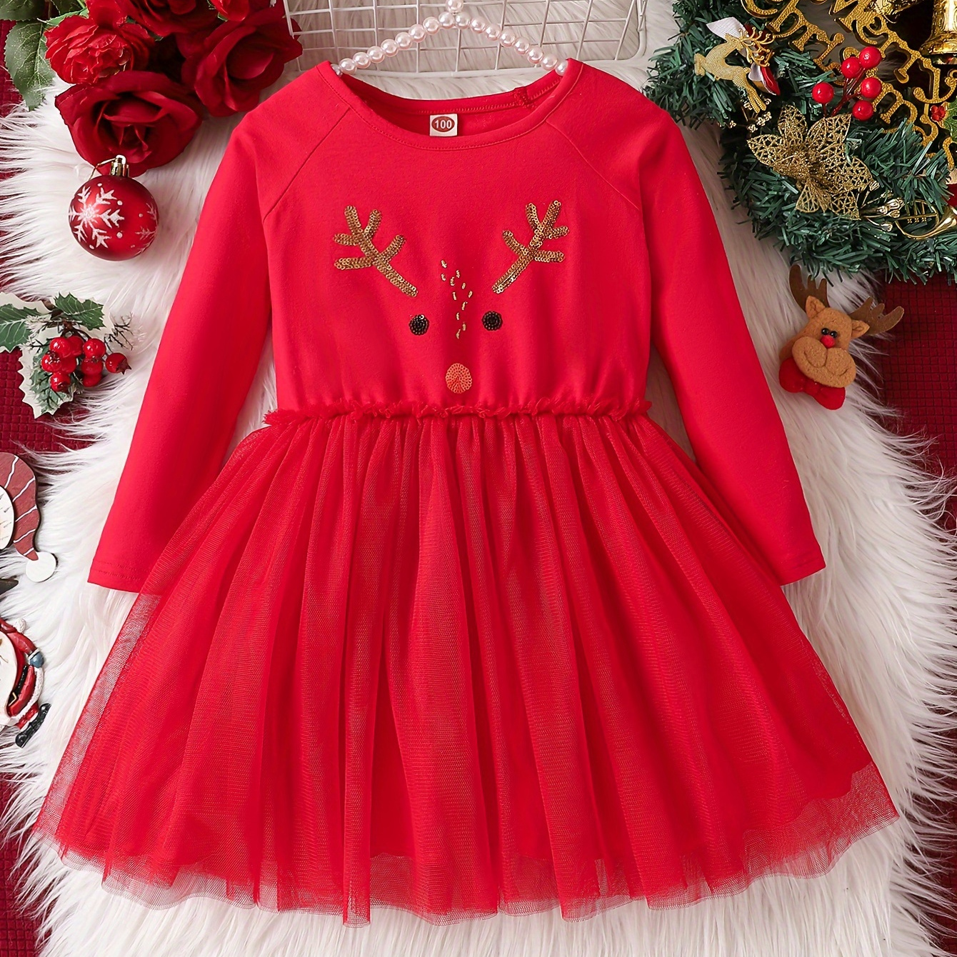 

Girls Cute & Long Sleeve Sequin Deer Pattern Mesh Tutu Dress For Spring & Fall As Christmas Gifts