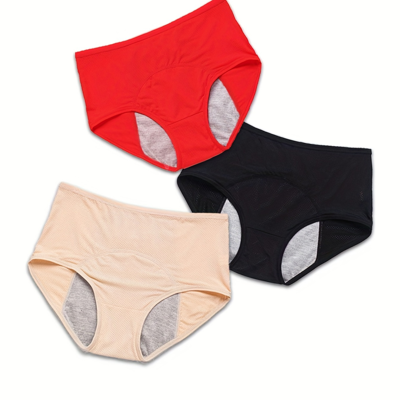 3 Pack Plus Size Casual Panties Set, Women's Plus Solid High Rise Ventilative Mesh Top Design Breathable Leakproof Period Briefs 3pcs Set