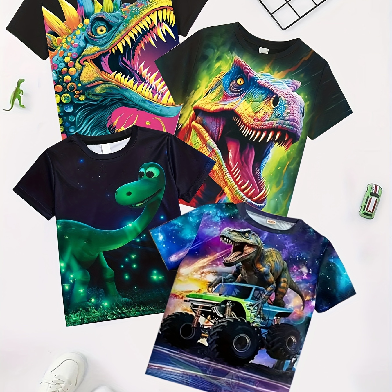 

4pcs Cool Dinosaur 3d Print Short Sleeve T-shirts For Boys - Cool, Lightweight And Comfy Summer Clothes!